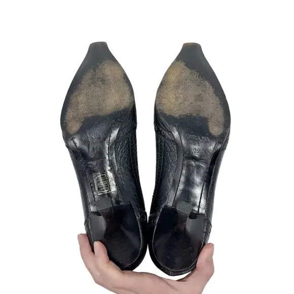 Vintage Prada Brogue Kitten Heel Pumps Black Leather Square Toe Size 39 - Picture 7 of 10